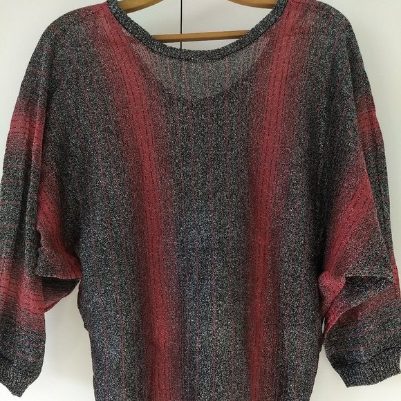 vintage 80s metallic batwing stripe sweater black red silver - Picture 3 of 6